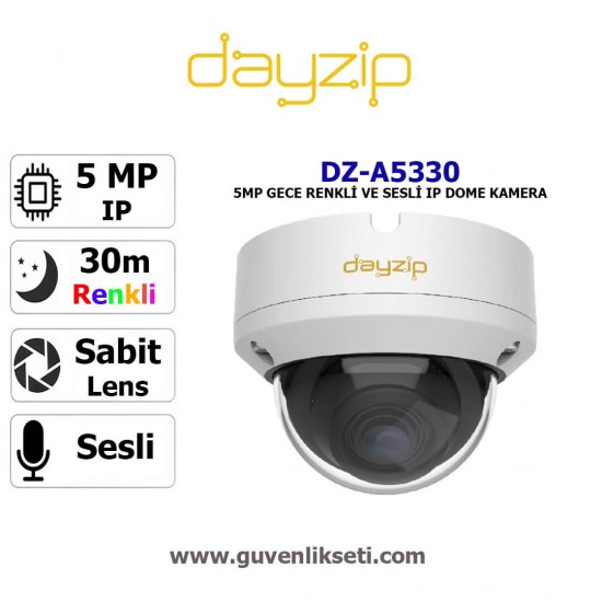 Dayzip DZ-A5330 5mp Gece Renkli ve Sesli Ip Dome Kamera Dayzip DZ-A5330 5MP Starlight IP dome kamera ile 30m gece görüş ve renkli görüntü avantajını keşfedin.